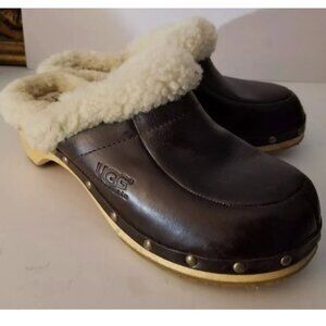UGG Leather Shearling Fur Lined Wooden Clogs
